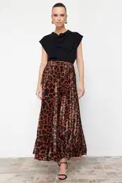 Brown Pleated Animal Print Printed Stretchy Knitted Skirt
