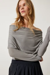 Happiness stanbul Women's Gray Off-the-Shoulder Gather Detailed Blouse
