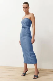Blue Strapless Gathered Fitted Midi Flexible Knitted Pencil Dress