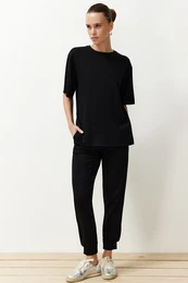 Black Crew Neck Short Sleeve Basic Jogger Knitted Blouse Pants Top-Bottom Set