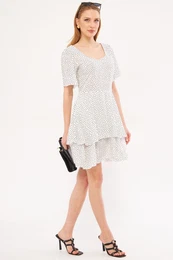 Women's White Minus Dress Short Sleeve Skirt Layered Zippered Patterned Mini Size