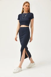 Women's Navy Blue Short Sleeve Slit Skirt Lycra Suit
