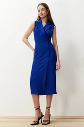 Saks Bodycon Button Detailed Double Breasted Neck Sleeveless Midi Pencil Skirt Woven Dress