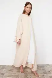 Stone Comfortable Fit Woven Aerobin Long Cap & Abaya & Abaya