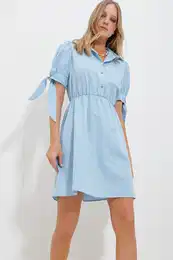 Trend Alaat Stili Women's Blue Shirt Collar Watermelon Sleeve Poplin Dress