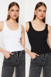 Black and White Fitted Pool Neck Ribbed Flexible Knit Undershirt