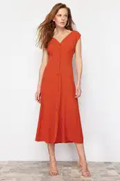 Tile Button Sleeveless Midi Woven Shirt Dress