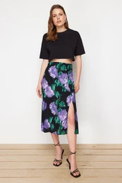 Lilac Slit Detail Viscose Fabric Patterned Midi Woven Skirt