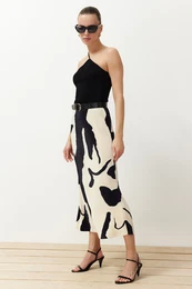 Ecru Abstract Pleated Printed Midi Skirt