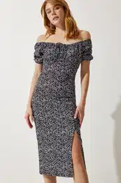 Happiness stanbul Women's Black Patterned Gathered Knitted Dress