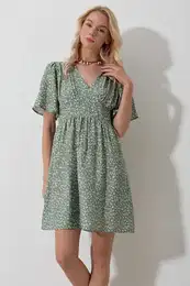 Trend Alaat Stili Women's Khaki V-Neck Short Sleeve Floral Patterned Skirt Flounce Woven Dress