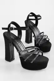 Women's Mersea Black Satin Stone Platform Heeled Shoes