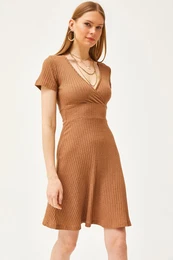 Women's Camel Double Breasted Collar Short Sleeve Mini Flared Dress