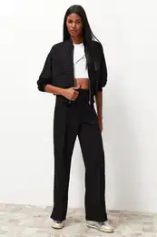 Black Ribbed Zippered Stand Collar Knitted Sweatshirt/Pants Top-Bottom Set