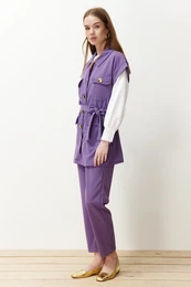 Purple Gold Buttoned Vest-Pants Knitted Suit