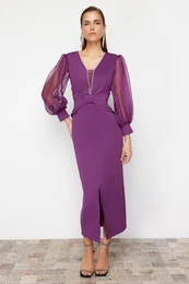 Purple Tulle Sleeve Detailed Woven Long Evening Dress