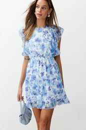 Blue Floral Waist Opening Ruffle Mini Woven Dress