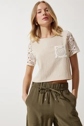 Happiness stanbul Women's Cream Lace Detailed Crop Linen Blouse