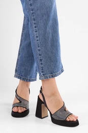 Women's Caden Black Satin Stone Platform Heeled Shoes