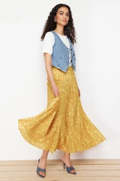 Mustard Floral Patterned Pleated Elastic Waist Woven Skirt