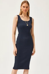 Women's Navy Blue Thick Strap Lycra Midi Dress