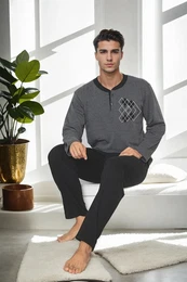 J3084 Mens Two Thread Thick Long Sleeve Pyjama Set-GREY