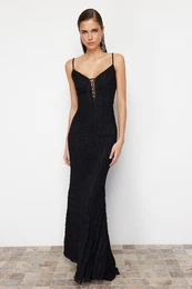 Black Lace Detailed Knitted Lace Long Evening Dress