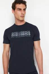 Navy Blue Crew Neck Regular Fit Pajamas Set with Knitted Shorts