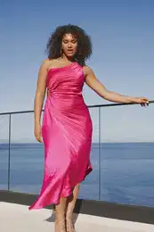 Curve Fuchsia Satin Pleated Asymmetric Cut Lined Woven Dress