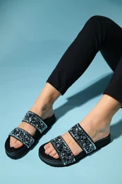 JAMES Black Stoned Double Banded Genuine Leather Women's Slippers