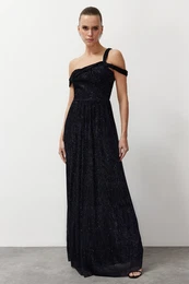 Navy Blue A-Cut Asymmetrical Neckline Knitted Long Evening Dress