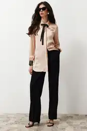 Beige Collar Bow and Lace Detailed Satin Woven Shirt