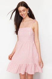 Pink Checked Straight Cut Ruffle Mini Woven Dress