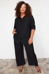 Curve Black Textured Button-Woven Shirt-Pants Plus Size Bottom-Top Set