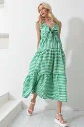 Trend Alaat Stili Women's Green Strappy Layered Flounced Front Lace Up Maxi Length Poplin Woven Dress