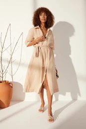 Beige 100% Linen Maxi Shirt Dress