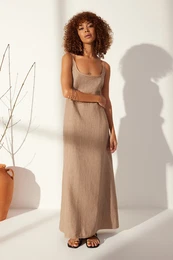 Brown 100% Linen Back Detailed Maxi Dress