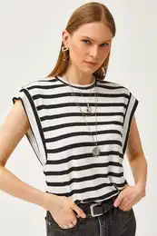 Women's White Underarm Piece Striped Lycra T-Shirt