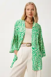 Happiness stanbul Women's Green Bone Patterned Viscose Kimono