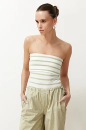 Green Striped Strapless Ribbed Stretchy Knitted Blouse