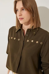 Happiness stanbul Women's Dark Khaki Bird Eye Detailed Woven Shirt