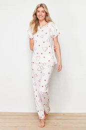 White-Red Heart Knitted Pajamas Set