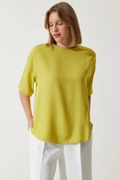 Happiness stanbul Women's Oil Green Crew Neck Flowy Viscose Blouse