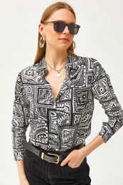 Women's Black Patch Patterned Woven Viscose Shirt