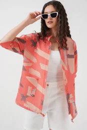 20226 Patterned Oversize Shirt - Orange