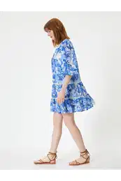 Mini Floral Dress Balloon Sleeves Flounce Tassel V Neck
