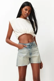 Blue Wash Effect Denim Shorts & Bermuda