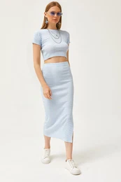 Women's Striped Baby Blue Short Sleeve Slit Skirt Lycra Suit