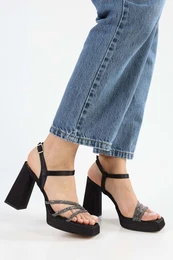 Women's Merdia Black Satin Stone Platform Heeled Shoes
