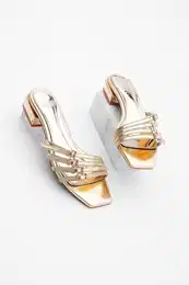 Women's Blunt Toe Banded Heeled Slippers Leykes Gold